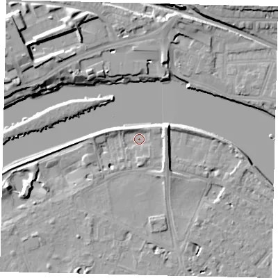 Shaded relief map of the ground around TW93AL, computed from Environment Agency LiDAR. The ground here sits at about 4 m above sea level and falls 11 m across the surrounding 800 m. Surface water reaching this point runs off ground lying to the south-west, 4.6 m higher.