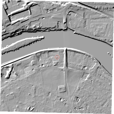 Shaded relief map of the ground around TW93AN, computed from Environment Agency LiDAR. The ground here sits at about 4 m above sea level and falls 11 m across the surrounding 800 m. Surface water reaching this point runs off ground lying to the south-south-west, 5.2 m higher.