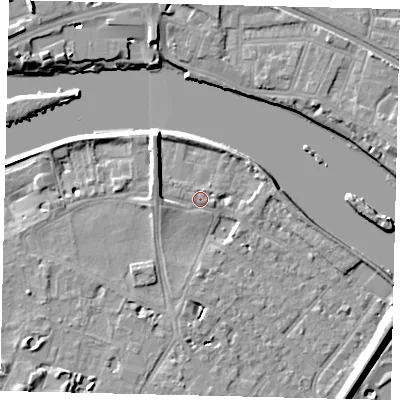 Shaded relief map of the ground around TW93AP, computed from Environment Agency LiDAR. The ground here sits at about 5 m above sea level and falls 9 m across the surrounding 800 m. Surface water reaching this point runs off ground lying to the north-west, 7.2 m higher.