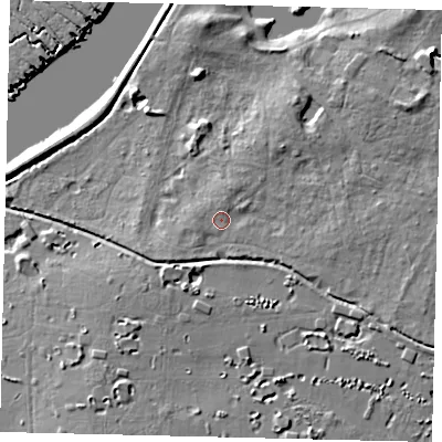 Shaded relief map of the ground around TW93AQ, computed from Environment Agency LiDAR. The ground here sits at about 7 m above sea level and falls 8 m across the surrounding 800 m. Surface water reaching this point runs off ground lying to the north, 1.3 m higher.