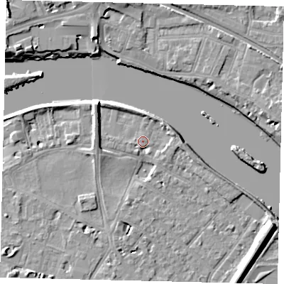 Shaded relief map of the ground around TW93AS, computed from Environment Agency LiDAR. The ground here sits at about 5 m above sea level and falls 9 m across the surrounding 800 m. Surface water reaching this point runs off ground lying to the north-west, 7.2 m higher.