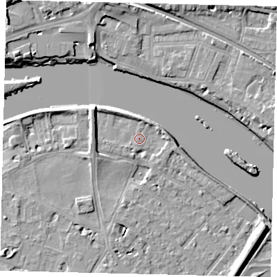 Shaded relief map of the ground around TW93AT, computed from Environment Agency LiDAR. The ground here sits at about 4 m above sea level and falls 10 m across the surrounding 800 m. Surface water reaching this point runs off ground lying to the west-north-west, 7.2 m higher.