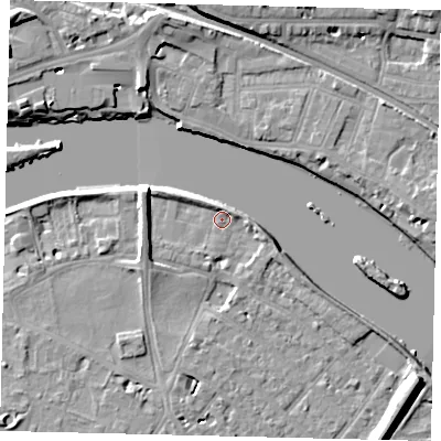 Shaded relief map of the ground around TW93AU, computed from Environment Agency LiDAR. The ground here sits at about 4 m above sea level and falls 10 m across the surrounding 800 m. Surface water reaching this point runs off ground lying to the west-north-west, 7.2 m higher.