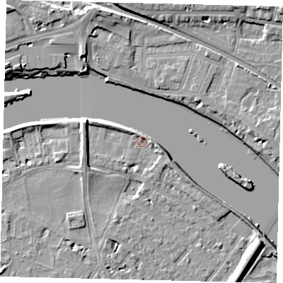Shaded relief map of the ground around TW93AX, computed from Environment Agency LiDAR. The ground here sits at about 4 m above sea level and falls 9 m across the surrounding 800 m. Surface water reaching this point runs off ground lying to the west-north-west, 7.2 m higher.