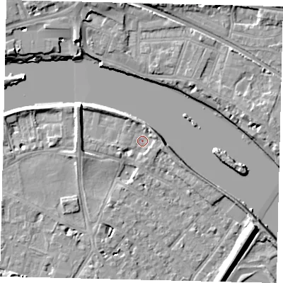 Shaded relief map of the ground around TW93AY, computed from Environment Agency LiDAR. The ground here sits at about 4 m above sea level and falls 9 m across the surrounding 800 m. Surface water reaching this point runs off ground lying to the west-north-west, 6.9 m higher.