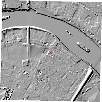 Shaded relief map of the ground around TW93AZ, computed from Environment Agency LiDAR. The ground here sits at about 5 m above sea level and falls 9 m across the surrounding 800 m. Surface water reaching this point runs off ground lying to the north-west, 6.9 m higher.