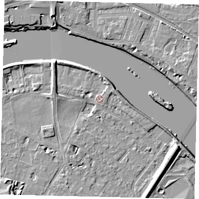 Shaded relief map of the ground around TW93BB, computed from Environment Agency LiDAR. The ground here sits at about 5 m above sea level and falls 9 m across the surrounding 800 m. Surface water reaching this point runs off ground lying to the north-west, 6.9 m higher.