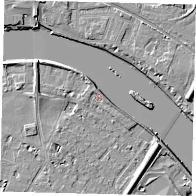 Shaded relief map of the ground around TW93BD, computed from Environment Agency LiDAR. The ground here sits at about 4 m above sea level and falls 10 m across the surrounding 800 m. Surface water reaching this point runs off ground lying to the north, 1.4 m higher.