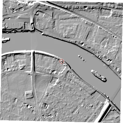Shaded relief map of the ground around TW93BE, computed from Environment Agency LiDAR. The ground here sits at about 5 m above sea level and falls 9 m across the surrounding 800 m. Surface water reaching this point runs off ground lying to the west-north-west, 6.9 m higher.