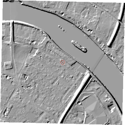 Shaded relief map of the ground around TW93BG, computed from Environment Agency LiDAR. The ground here sits at about 4 m above sea level and falls 11 m across the surrounding 800 m. Surface water reaching this point runs off ground lying to the east-south-east, 8.3 m higher.
