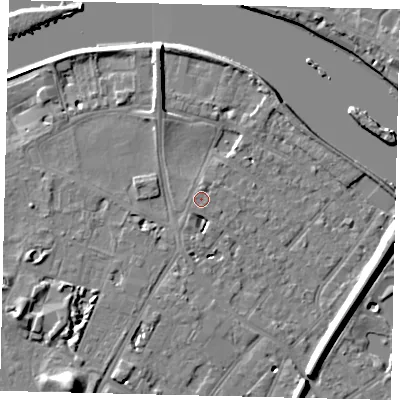 Shaded relief map of the ground around TW93BH, computed from Environment Agency LiDAR. The ground here sits at about 5 m above sea level and falls 12 m across the surrounding 800 m. Surface water reaching this point runs off ground lying to the south-south-west, 2.9 m higher.