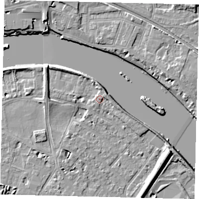 Shaded relief map of the ground around TW93BL, computed from Environment Agency LiDAR. The ground here sits at about 5 m above sea level and falls 9 m across the surrounding 800 m. Surface water reaching this point runs off ground lying to the east-north-east, 1.2 m higher.