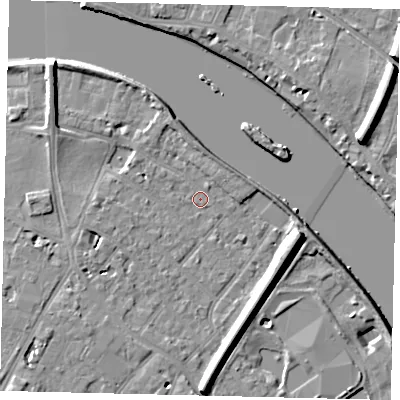 Shaded relief map of the ground around TW93BQ, computed from Environment Agency LiDAR. The ground here sits at about 4 m above sea level and falls 11 m across the surrounding 800 m. Surface water reaching this point runs off ground lying to the east-south-east, 8.3 m higher.