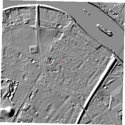 Shaded relief map of the ground around TW93BS, computed from Environment Agency LiDAR. The ground here sits at about 5 m above sea level and falls 12 m across the surrounding 800 m. Surface water reaching this point runs off ground lying to the south-west, 4.7 m higher.