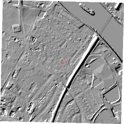 Shaded relief map of the ground around TW93BT, computed from Environment Agency LiDAR. The ground here sits at about 4 m above sea level and falls 11 m across the surrounding 800 m. Surface water reaching this point runs off ground lying to the east-north-east, 7.0 m higher.