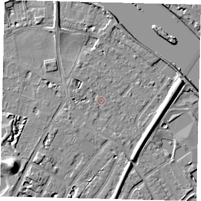 Shaded relief map of the ground around TW93BU, computed from Environment Agency LiDAR. The ground here sits at about 5 m above sea level and falls 12 m across the surrounding 800 m. Surface water reaching this point runs off ground lying to the west, 1.5 m higher.