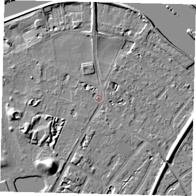 Shaded relief map of the ground around TW93BW, computed from Environment Agency LiDAR. The ground here sits at about 6 m above sea level and falls 12 m across the surrounding 800 m. Surface water reaching this point runs off ground lying to the south, 1.7 m higher.
