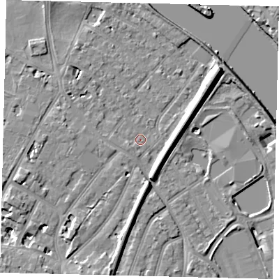 Shaded relief map of the ground around TW93BX, computed from Environment Agency LiDAR. The ground here sits at about 5 m above sea level and falls 11 m across the surrounding 800 m. Surface water reaching this point runs off ground lying to the north-east, 7.4 m higher.
