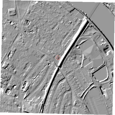Shaded relief map of the ground around TW93BY, computed from Environment Agency LiDAR. The ground here sits at about 5 m above sea level and falls 11 m across the surrounding 800 m. Surface water reaching this point runs off ground lying to the east, 7.0 m higher.