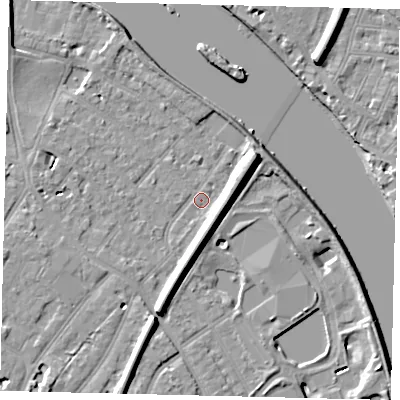 Shaded relief map of the ground around TW93BZ, computed from Environment Agency LiDAR. The ground here sits at about 4 m above sea level and falls 11 m across the surrounding 800 m. Surface water reaching this point runs off ground lying to the north-east, 7.2 m higher.