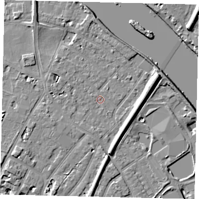 Shaded relief map of the ground around TW93DA, computed from Environment Agency LiDAR. The ground here sits at about 5 m above sea level and falls 11 m across the surrounding 800 m. Surface water reaching this point runs off ground lying to the east-north-east, 8.3 m higher.