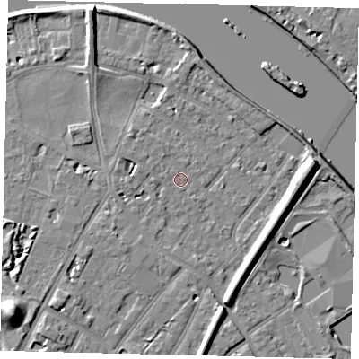 Shaded relief map of the ground around TW93DB, computed from Environment Agency LiDAR. The ground here sits at about 5 m above sea level and falls 12 m across the surrounding 800 m. Surface water reaching this point runs off ground lying to the east, 8.3 m higher.