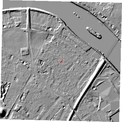 Shaded relief map of the ground around TW93DD, computed from Environment Agency LiDAR. The ground here sits at about 5 m above sea level and falls 12 m across the surrounding 800 m. Surface water reaching this point runs off ground lying to the east, 8.3 m higher.