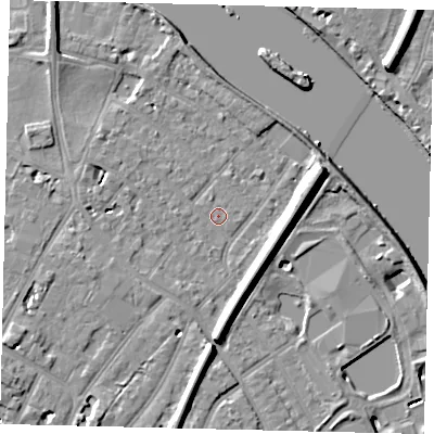 Shaded relief map of the ground around TW93DE, computed from Environment Agency LiDAR. The ground here sits at about 5 m above sea level and falls 11 m across the surrounding 800 m. Surface water reaching this point runs off ground lying to the east-north-east, 8.3 m higher.
