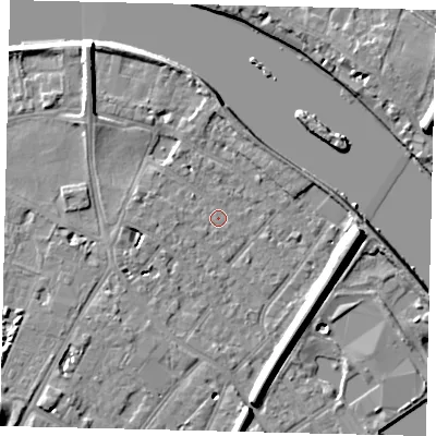 Shaded relief map of the ground around TW93DF, computed from Environment Agency LiDAR. The ground here sits at about 5 m above sea level and falls 10 m across the surrounding 800 m. Surface water reaching this point runs off ground lying to the east, 8.3 m higher.