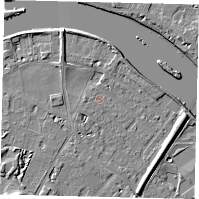 Shaded relief map of the ground around TW93DG, computed from Environment Agency LiDAR. The ground here sits at about 5 m above sea level and falls 10 m across the surrounding 800 m. Surface water reaching this point runs off ground lying to the south-south-west, 4.7 m higher.