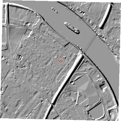 Shaded relief map of the ground around TW93DH, computed from Environment Agency LiDAR. The ground here sits at about 4 m above sea level and falls 11 m across the surrounding 800 m. Surface water reaching this point runs off ground lying to the east, 7.2 m higher.