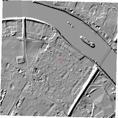 Shaded relief map of the ground around TW93DQ, computed from Environment Agency LiDAR. The ground here sits at about 4 m above sea level and falls 10 m across the surrounding 800 m. Surface water reaching this point runs off ground lying to the east-south-east, 8.3 m higher.