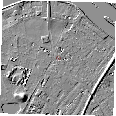 Shaded relief map of the ground around TW93DT, computed from Environment Agency LiDAR. The ground here sits at about 6 m above sea level and falls 12 m across the surrounding 800 m. Surface water reaching this point runs off ground lying to the south-south-west, 1.5 m higher.