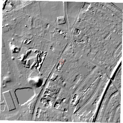 Shaded relief map of the ground around TW93DU, computed from Environment Agency LiDAR. The ground here sits at about 7 m above sea level and falls 12 m across the surrounding 800 m. Surface water reaching this point runs off ground lying to the south-south-west, 1.9 m higher.