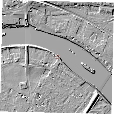 Shaded relief map of the ground around TW93DW, computed from Environment Agency LiDAR. The ground here sits at about 5 m above sea level and falls 9 m across the surrounding 800 m. Surface water reaching this point runs off ground lying to the west-north-west, 6.9 m higher.