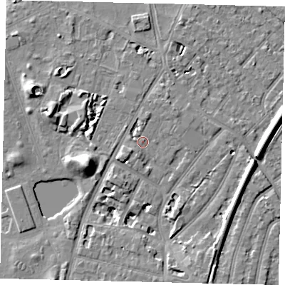 Shaded relief map of the ground around TW93DZ, computed from Environment Agency LiDAR. The ground here sits at about 6 m above sea level and falls 11 m across the surrounding 800 m. Surface water reaching this point runs off ground lying to the south-west, 1.9 m higher.