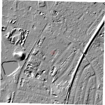 Shaded relief map of the ground around TW93EA, computed from Environment Agency LiDAR. The ground here sits at about 6 m above sea level and falls 12 m across the surrounding 800 m. Surface water reaching this point runs off ground lying to the south, 0.8 m higher.
