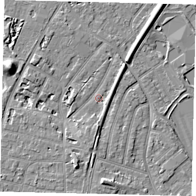 Shaded relief map of the ground around TW93HA, computed from Environment Agency LiDAR. The ground here sits at about 6 m above sea level and falls 12 m across the surrounding 800 m. Surface water reaching this point runs off ground lying to the north-east, 4.5 m higher.