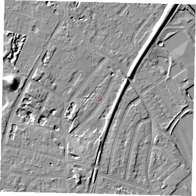 Shaded relief map of the ground around TW93HB, computed from Environment Agency LiDAR. The ground here sits at about 6 m above sea level and falls 12 m across the surrounding 800 m. Surface water reaching this point runs off ground lying to the east-north-east, 5.1 m higher.