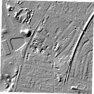 Shaded relief map of the ground around TW93HD, computed from Environment Agency LiDAR. The ground here sits at about 4 m above sea level and falls 11 m across the surrounding 800 m. Surface water reaching this point runs off ground lying to the west-north-west, 2.5 m higher.