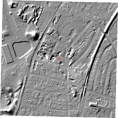 Shaded relief map of the ground around TW93HE, computed from Environment Agency LiDAR. The ground here sits at about 6 m above sea level and falls 10 m across the surrounding 800 m. Surface water reaching this point runs off ground lying to the south-south-east, 7.1 m higher.