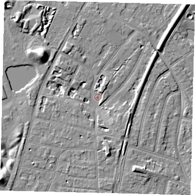 Shaded relief map of the ground around TW93HF, computed from Environment Agency LiDAR. The ground here sits at about 6 m above sea level and falls 12 m across the surrounding 800 m. Surface water reaching this point runs off ground lying to the south-south-east, 5.0 m higher.