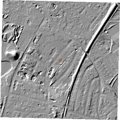 Shaded relief map of the ground around TW93HH, computed from Environment Agency LiDAR. The ground here sits at about 6 m above sea level and falls 12 m across the surrounding 800 m. Surface water reaching this point runs off ground lying to the east-north-east, 5.1 m higher.