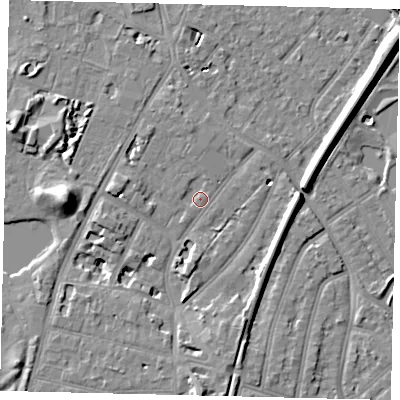 Shaded relief map of the ground around TW93HJ, computed from Environment Agency LiDAR. The ground here sits at about 6 m above sea level and falls 12 m across the surrounding 800 m. Surface water reaching this point runs off ground lying to the south, 7.1 m higher.