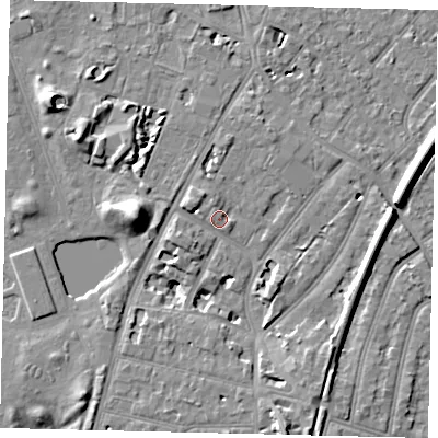Shaded relief map of the ground around TW93HL, computed from Environment Agency LiDAR. The ground here sits at about 7 m above sea level and falls 11 m across the surrounding 800 m. Surface water reaching this point runs off ground lying to the north-north-west, 1.3 m higher.