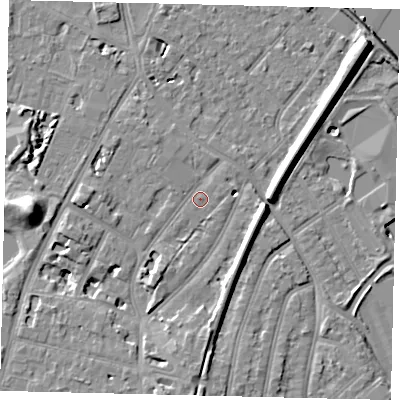 Shaded relief map of the ground around TW93HQ, computed from Environment Agency LiDAR. The ground here sits at about 6 m above sea level and falls 12 m across the surrounding 800 m. Surface water reaching this point runs off ground lying to the east, 6.7 m higher.