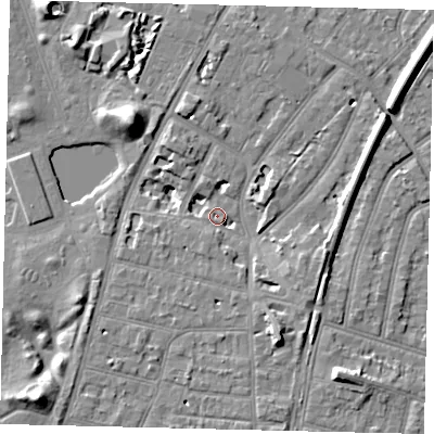 Shaded relief map of the ground around TW93HT, computed from Environment Agency LiDAR. The ground here sits at about 6 m above sea level and falls 10 m across the surrounding 800 m. Surface water reaching this point runs off ground lying to the south-south-east, 7.1 m higher.