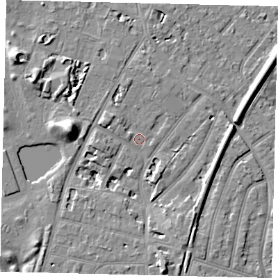 Shaded relief map of the ground around TW93HW, computed from Environment Agency LiDAR. The ground here sits at about 6 m above sea level and falls 11 m across the surrounding 800 m. Surface water reaching this point runs off ground lying to the west-north-west, 3.1 m higher.