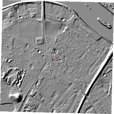 Shaded relief map of the ground around TW93JB, computed from Environment Agency LiDAR. The ground here sits at about 5 m above sea level and falls 12 m across the surrounding 800 m. Surface water reaching this point runs off ground lying to the west-south-west, 1.0 m higher.