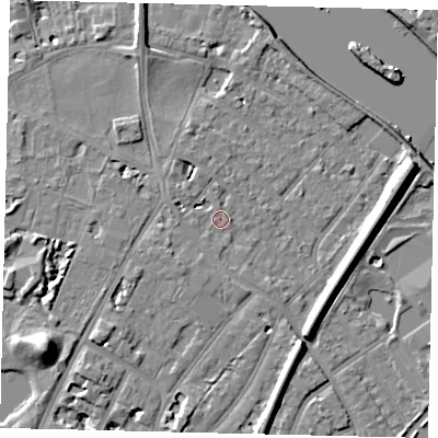 Shaded relief map of the ground around TW93JD, computed from Environment Agency LiDAR. The ground here sits at about 5 m above sea level and falls 12 m across the surrounding 800 m. Surface water reaching this point runs off ground lying to the south-west, 4.7 m higher.